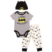 DC Comics Baby Boys' Batman Creeper, Pants, and Hat Set (3/6M)