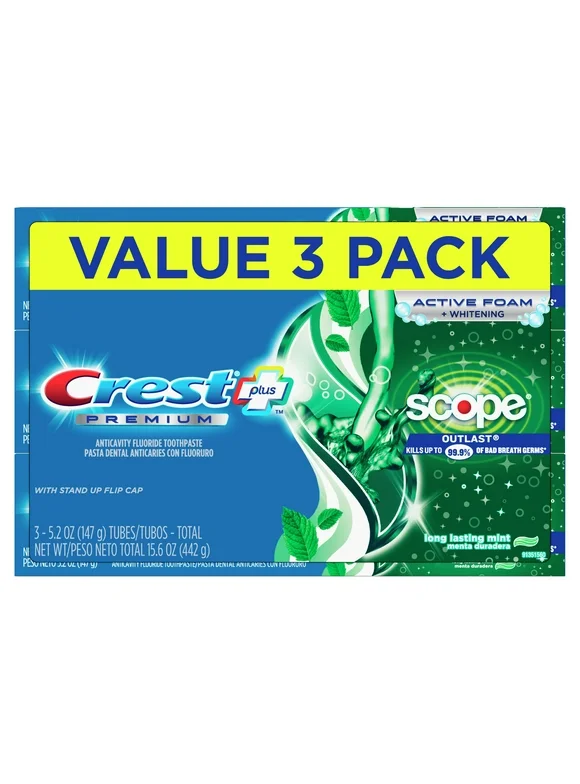 Crest Premium Plus Scope Outlast Toothpaste, Long Lasting Mint Flavor 5.2 oz, Pack of 3