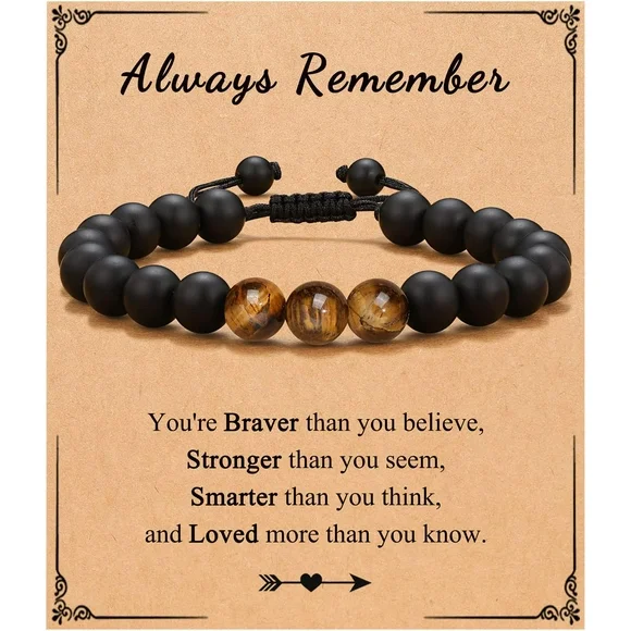 2024 Boys Bracelet for Teenage Boys - Inspirational Gift for Teen Boys - Tiger Eye and Black Agate Stone Bracelet - Adjustable Size - Stocking Stuffer and Christmas Gift Idea - Lightweight and Durable
