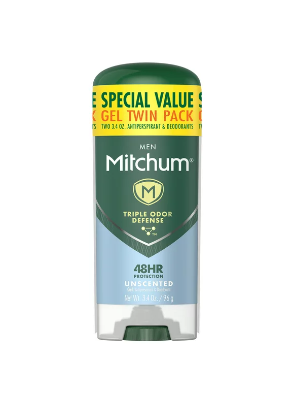Mitchum Men Triple Odor Defense Gel Antiperspirant Deodorant Twin Pack, Unscented, 2 count