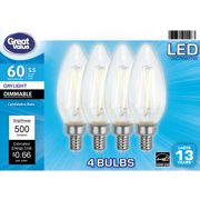 Great Value LED Light Bulb, 5.5 Watts (60W Equivalent) B10 Deco Lamp E12 Candelabra Base, Dimmable, Daylight, 4-Pack