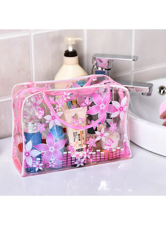 Robot-GxG Travel Flowers Transparent Cosmetic Pouch Makeup Portable Clear Toiletry Storage Bag with Zipper, Handle