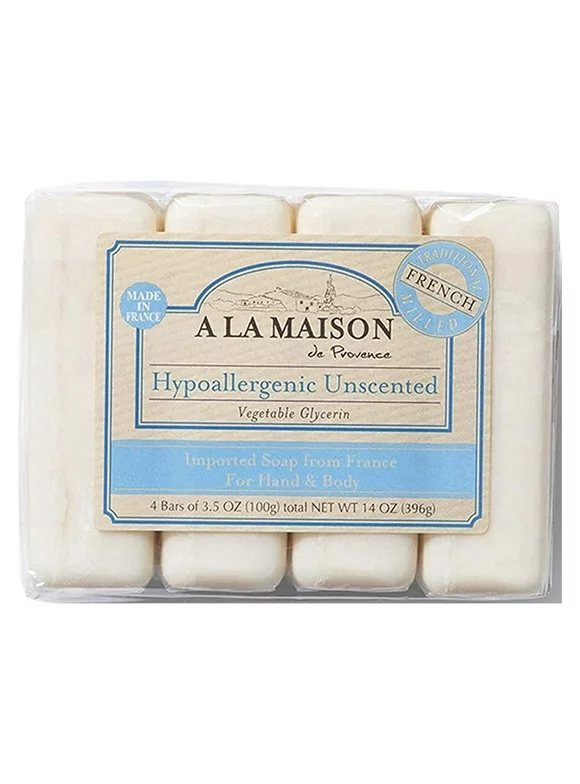 A La Maison Hypoallergenic Unscented Bar Soap - Triple French Milled Natural Moisturizing Hand Soap Bar (4 Bars of Soap, 3.5 oz)