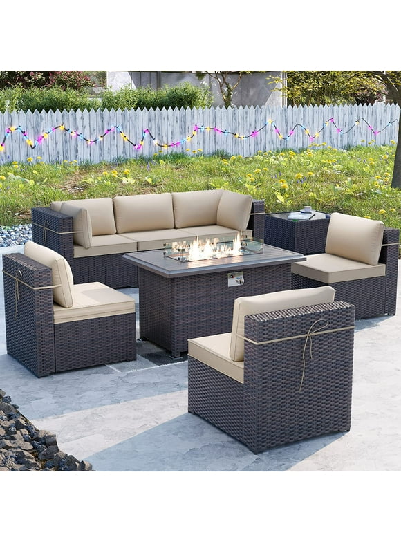 ALAULM 8 Pieces Outdoor Furniture Set with 43" Gas Propane Fire Pit Table PE Wicker Rattan Sectional Sofa Patio Conversation Sets,Sand