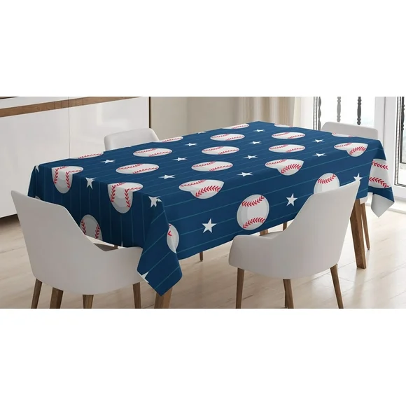 Ambesonne Sports Tablecloth Rectangular Table Cover, Baseball Stripes, 52"x70", Night Blue Red White