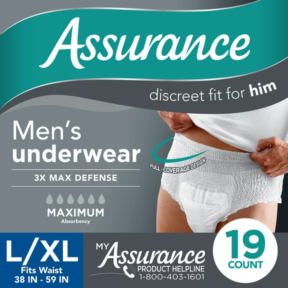 Assurance Men's Incontinence Underwear, L/XL, Maximum Absorbency (19 Count)