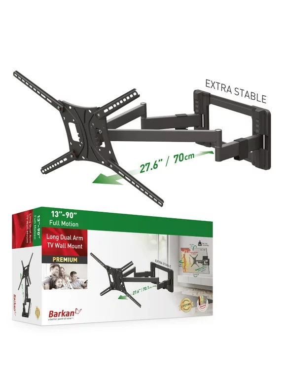 Barkan Long TV Wall Mount, 13 - 90 inch screens Full Motion Patented Flat / Curved Screen Bracket, Holds up to 132lbs, Extra Stable, UL Listed, Fits LED OLED LCD