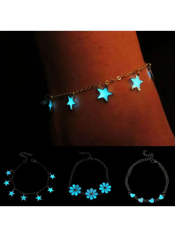 Besufy Star Heart Flower Glow in the Dark Ankle Bracelet Women's Jewelry,Luminous Jewelry Star Peach Heart Flower Luminous Anklet Bracelet