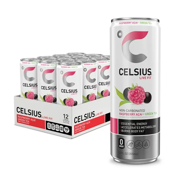 CELSIUS Raspberry Acai Green Tea, Functional Essential Energy Drink 12 fl oz (Pack of 12)