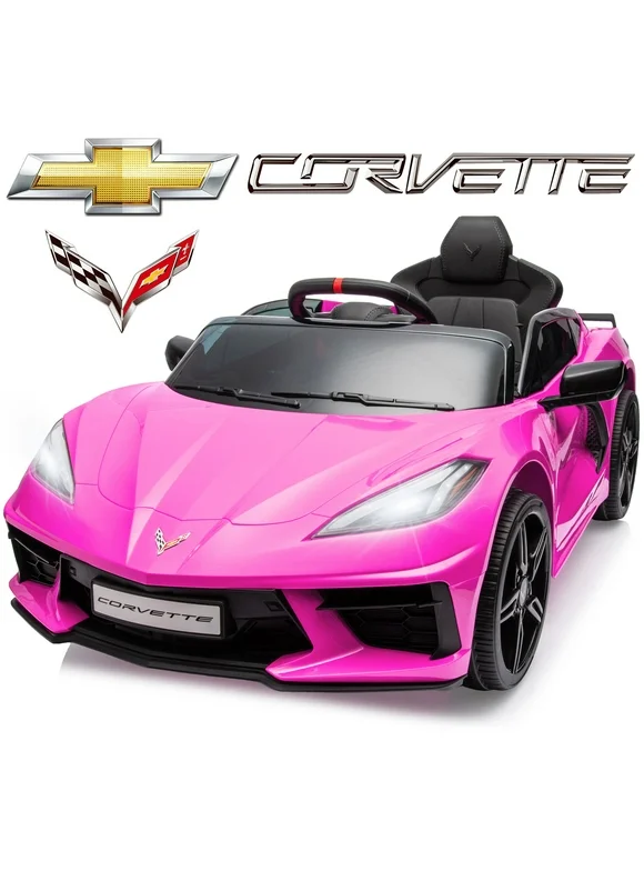 Chevrolet Kids Electric Car, Corvette C8 12V7Ah Battery Powered Ride on Car, 4 Wheels Ride on Toys with Remote Control, Music, Bluetooth, 3 Speeds for Girls Boys 3-6, Pink