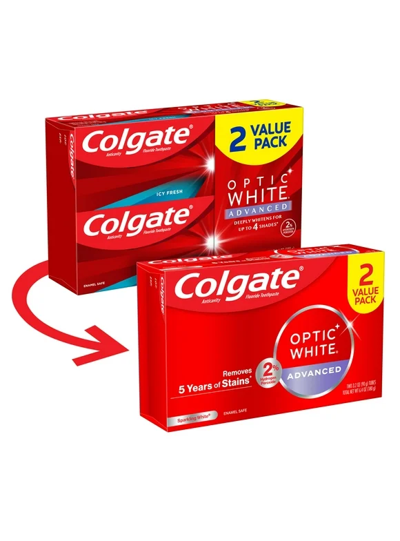 Colgate Optic White Advanced Hydrogen Peroxide Toothpaste, Sparkling White, 2 Pack, 3.2 oz