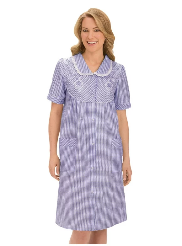 Collections Etc Collections Women's Etc. Gingham Women's Robe with Floral Accents, Snap-Front Closure and Lace Trim, Lilac, Xx-Large