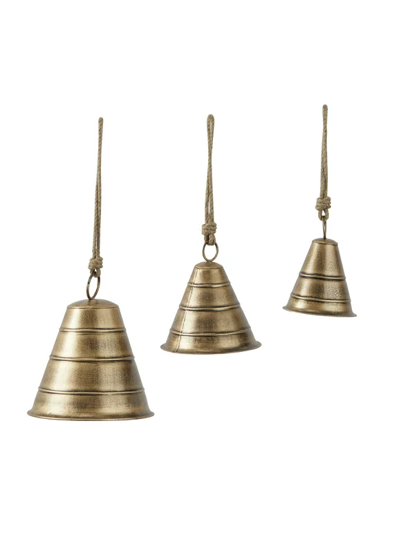 DecMode Tibetan Inspired Bronze Metal Wide Cone Decorative Cow Bells with Jute Hanging Rope, 3 Count
