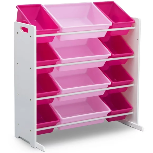 Delta Children Kids Toy Storage Organizer with 12 Plastic Bins, Greenguard Gold Certified, White/Pink