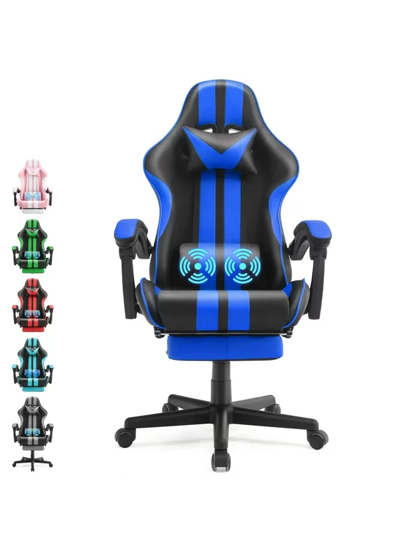 Ferghana Gaming Chair Office Chair with Footrest, Ergonomic Game Chair Hight Back with Massage Lumbar Pillow, Gamer Chairs for Adults Kids, Navy Blue