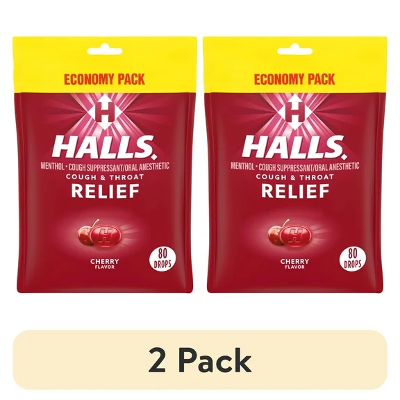(2 pack) HALLS Relief Cherry Cough Drops, Economy Pack, 80 Drops