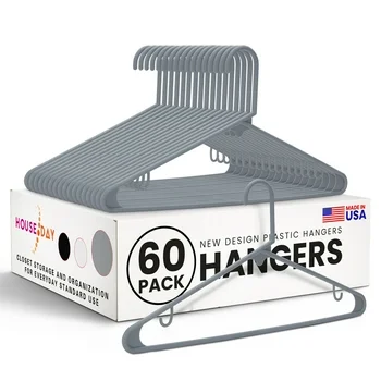 HOUSE DAY Plastic Hangers - 60 Pack 16.7 inches New Design Gray Clothes Hangers with Non-Slip Hook