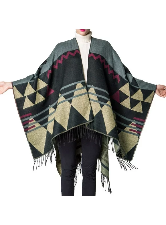 Htovila Women Knitted Shawl Poncho Faux Cashmere Geometric Pattern Tassel Oversized Long Bohemia
