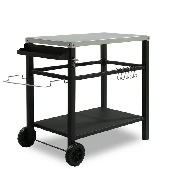 IVV 2-Shelf Movable Food Prep and Pizza Oven Table, BBQ Grill Cart, Indoor & Outdoor Multifunctional Stainless Steel Grill Table on 2 Wheels, Black