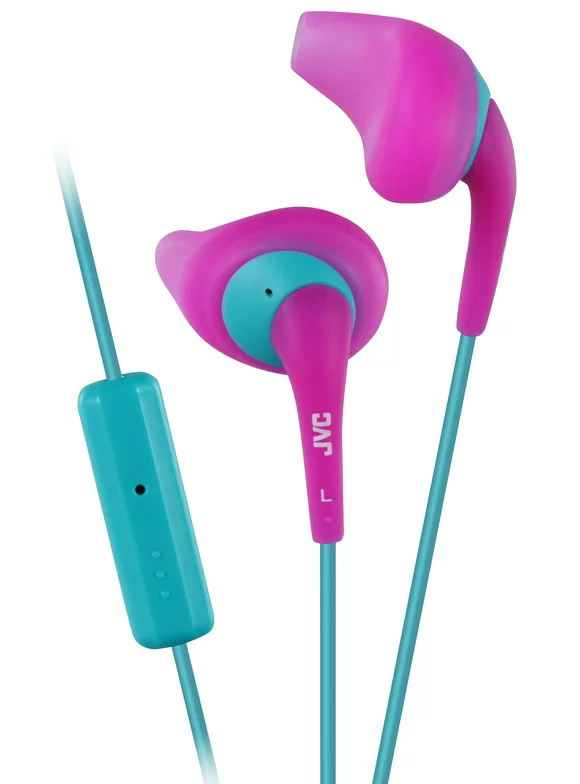 JVC Gumy Sport HA-ENR15 Earbuds - Nozzel Fit In Ear Headphones with Mic and Remote, Sweat Proof, 3.3ft Color Cord with Slim Plug (Pink/Teal)