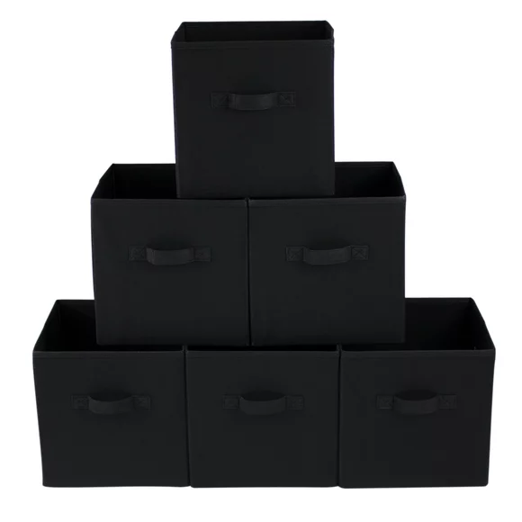 Mainstays Collapsible Cube Fabric Storage Bins (10.5" x 10.5"), 6 Pack, Rich Black