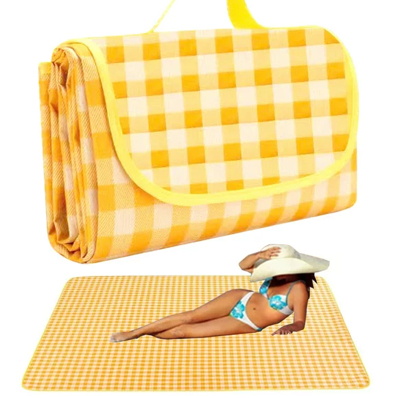 Maraawa Picnic Blanket Handy Mat Tote Waterproof Sandproof Padding Portable Plaid Blanket for Lawn Park Beach Travel Yellow