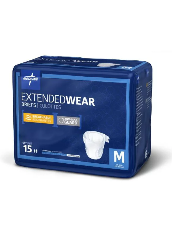 Medline Extended Wear Adult Disposable Briefs with Tabs, Overnight High Absorbency Protection, Medium 27"-43", 15 Count