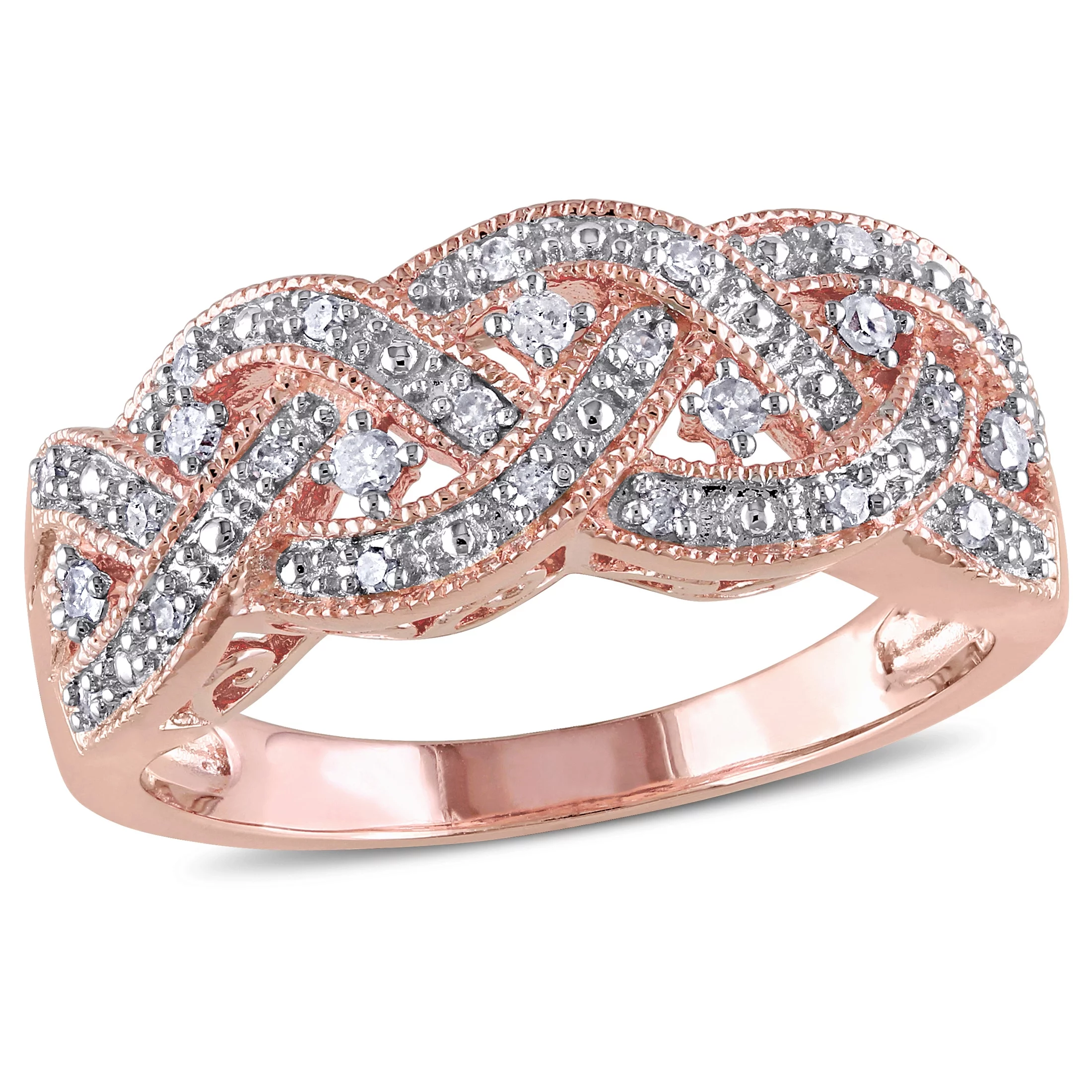 Miabella Women's 1/8 Carat T.W. Diamond Rose Gold Flash Plated Sterling Silver Braided Ring