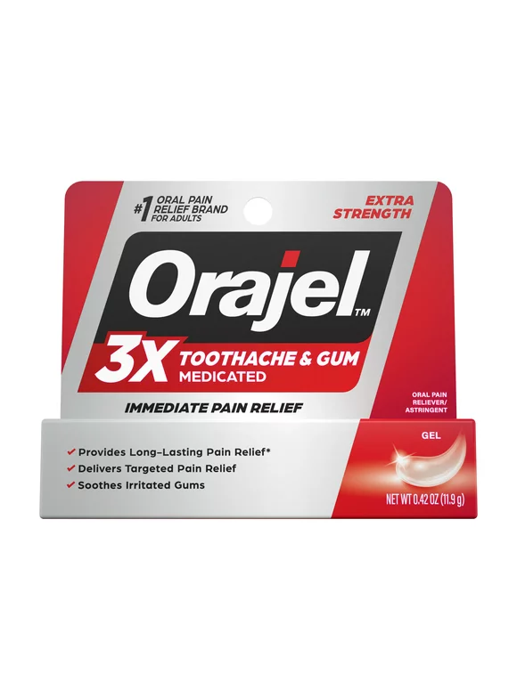 Orajel 3X Medicated Toothache & Gum Pain Gel, Immediate Pain Relief, Extra Strength, 0.42 oz