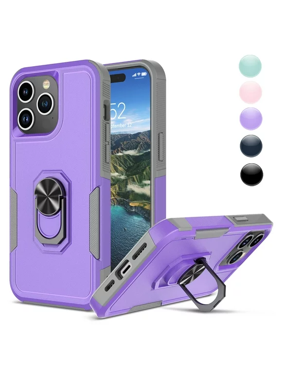 Phone Case for iPhone 15,15 Pro,15 Plus,15 Pro Max Case,Heavy Duty Shockproof Full Body Phone Cover Built in 360°Rotatable Ring Holder Magnetic Kickstand for Apple iPhone 15 Pro Max 6.7",Purple
