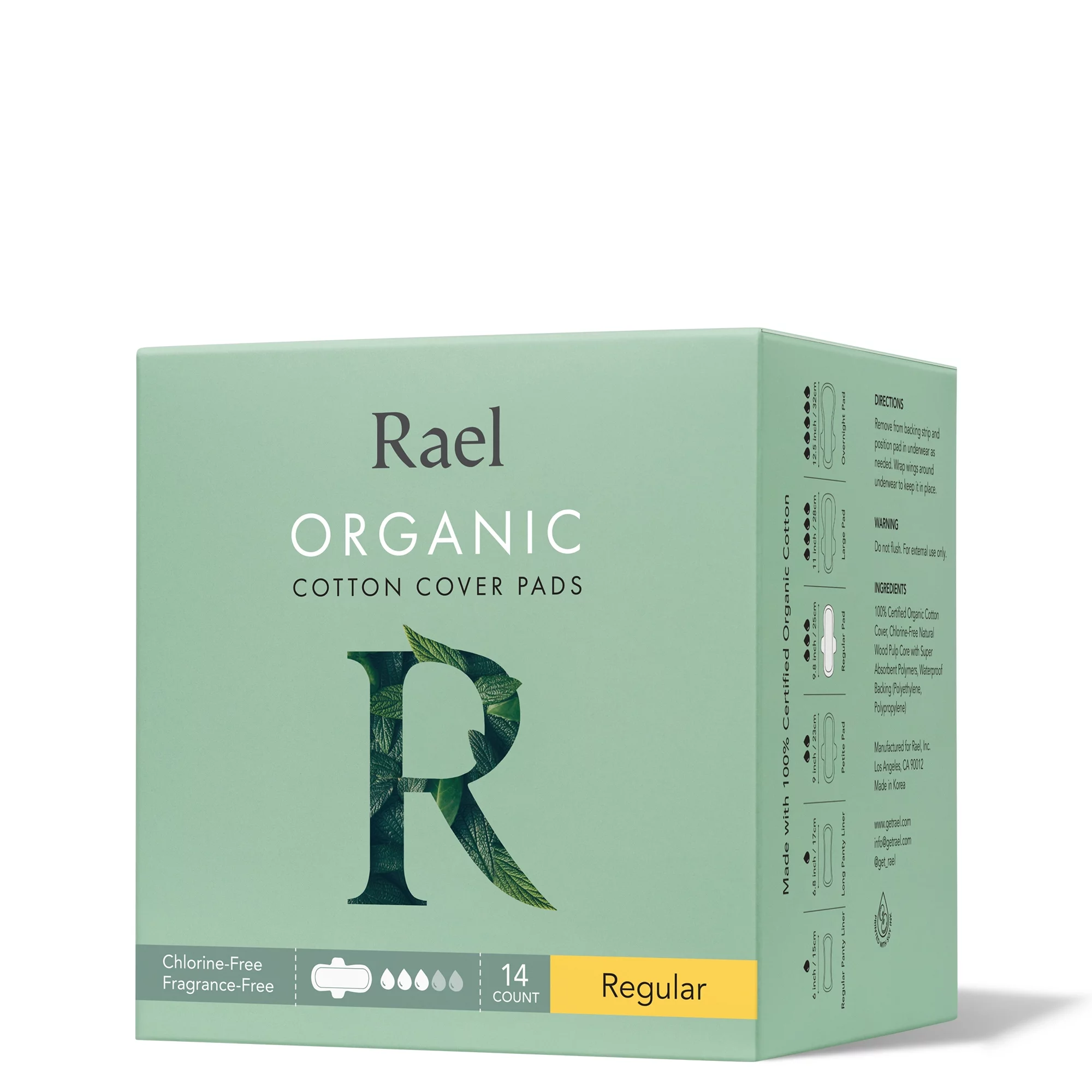 Rael Organic Cotton Cover Menstrual Regular Pads - Unscented, Chlorine Free, Natural Sanitary Napkins with Wings, 14 Count