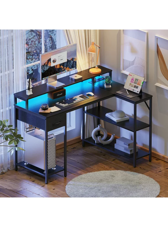 SUPERJARE L-Shaped Gaming Desk with LED Lights & Power Outlets, Office Desk with Shelves & Drawer, Reversible L Computer Corner Desk, Black