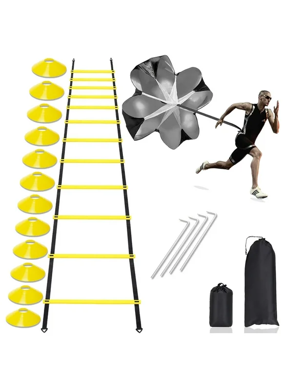 Speed Agility Ladder Training Set, 12 Rung 20Ft Adjustable Agility Ladder, 12 Disc Cones, 4 Steel Stakes, Resistance Parachute with Carry Bag for Speed Training, Football, Workout, Footwork