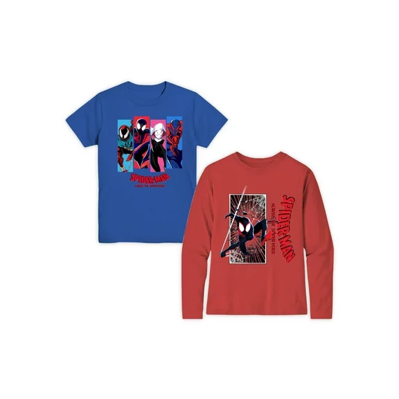 Spider-Man Boys Spiderverse Line Up Graphic Long Sleeve & Short Sleeve T-Shirts, 2-Pack, Sizes XS-XXL