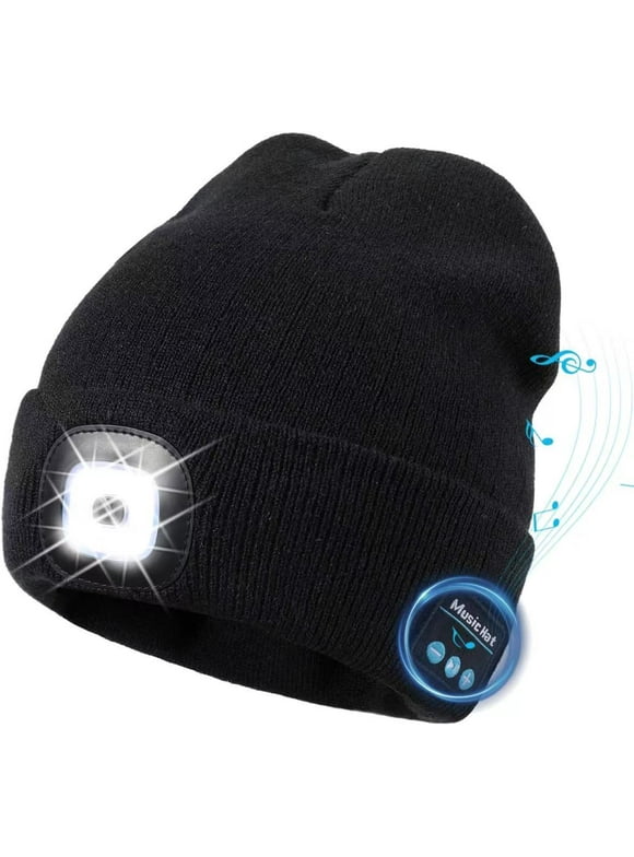 TAGVO Music Beanie Hat with Lights, LED Beanie Cap, Lighting & Flashing Modes, Built-in Stereo Speaker and Mic, Headlamp Headphone Beanie, Unisex Winter Warm Knit Cap, Black
