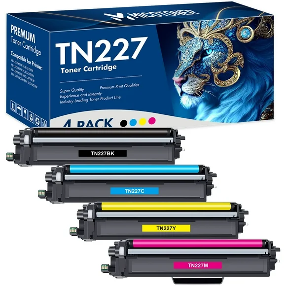 TN227 High Yield Toner Cartridge 4-Pack Compatible for Brother TN227 TN-227 TN223 TN227BK TN-227BK/C/M/Y MFC-L3770CDW MFC-L3750CDW HL-L3290CDW HL-L3270CDW HL-L3230CDW L3210CW MFC-L3710CW Printer Ink