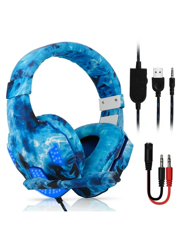 TSV Gaming Headsets Fit for PS4 PS5 Xbox One PC, Noise Cancelling Over Ear Headphones with Mic, LED Light, Bass Surround,  Soft Memory Earmuffs for Laptop Mac Nintendo Games - Blue
