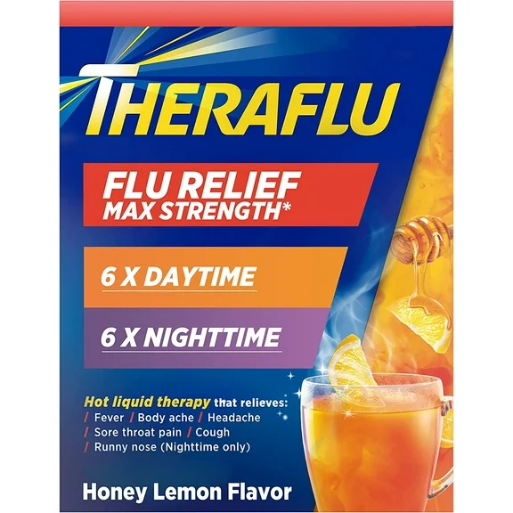 Theraflu Severe Cough Cold and flu Day and Nighttime Relief Medicine Powder, Green Tea and Honey Lemon flavors, 12 Count