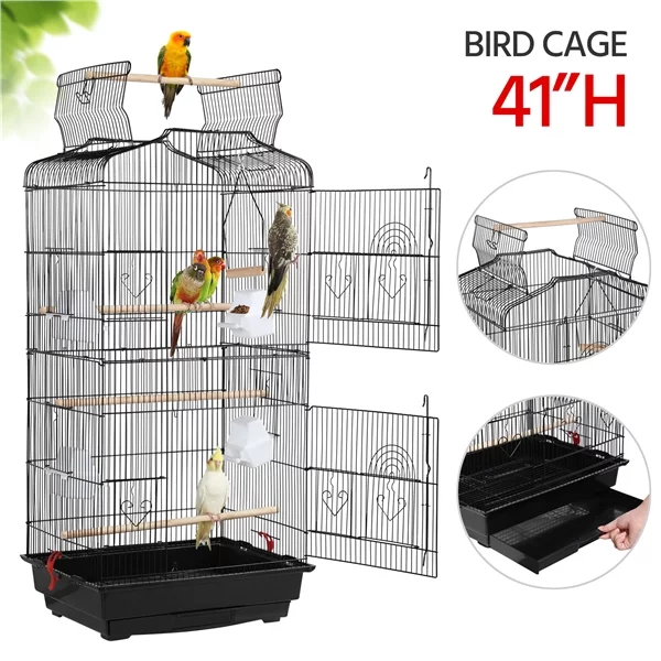 Topeakmart 41'' H Open Top Metal Bird Cage with Four Feeders, Black