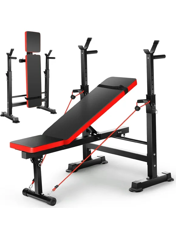 VIBESPARK Adjustable Weight Bench 600lbs 4-in-1 Foldable Workout Bench Set with Barbell Rack, Resistance Bands, Multi-Function Strength Training Bench Press Exercise Equipment for Home Gym