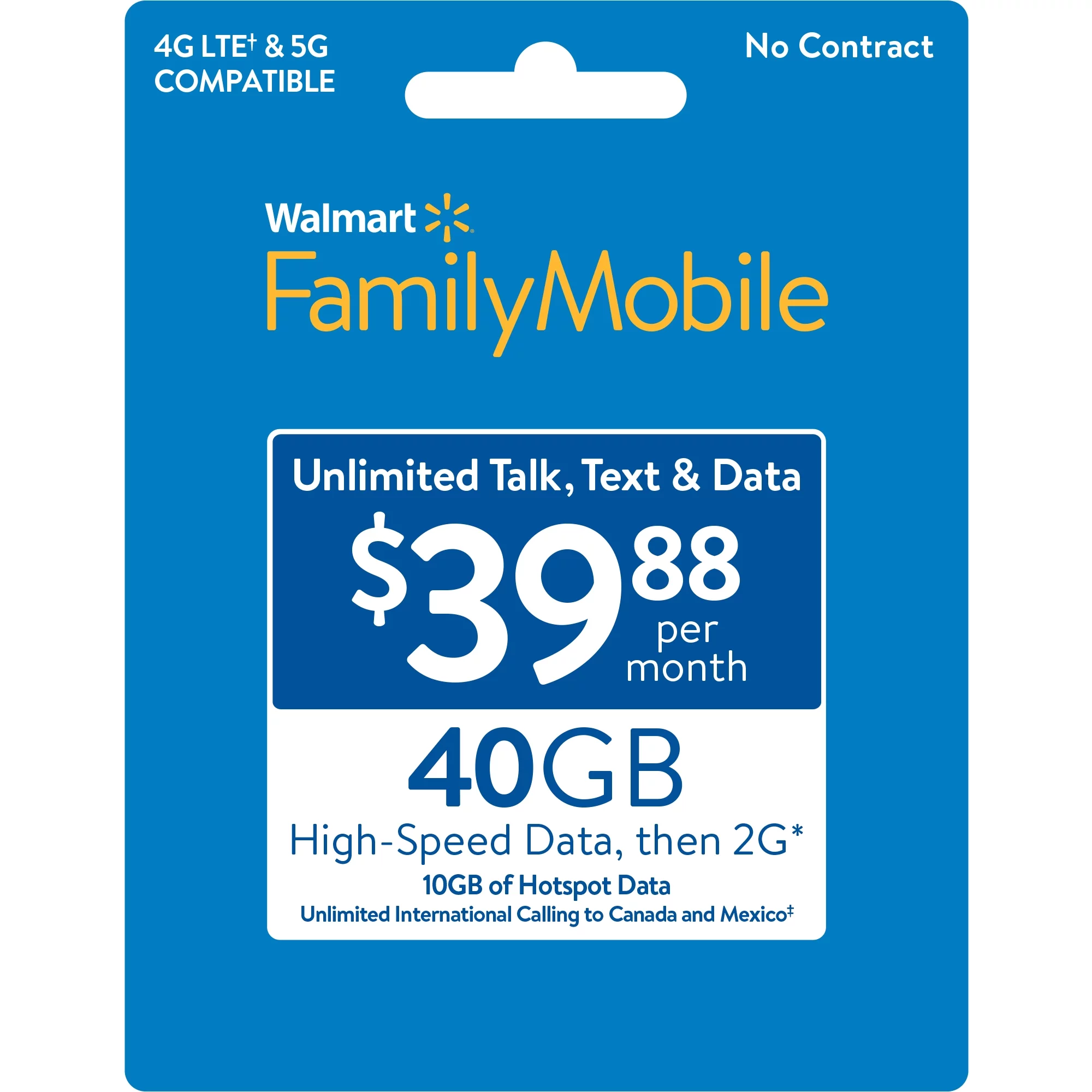Walmart Family Mobile $39.88 Unlimited Monthly Prepaid Plan (40GB at High Speed, then 2G) + 10GB Mobile Hotspot Direct Top Up
