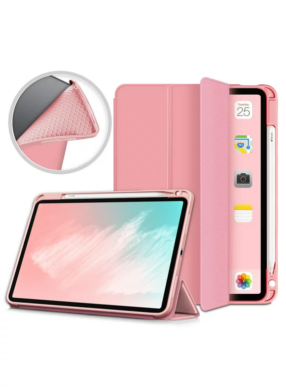 iPad Air 5th 4th Generation Case, iPad 10.9" Case 2022 2020, Allytech Ultra Slim Trifold Stand Protective Multi Angle Stand Pencil Holder Case Cover for Apple iPad Air 4 5, Pink